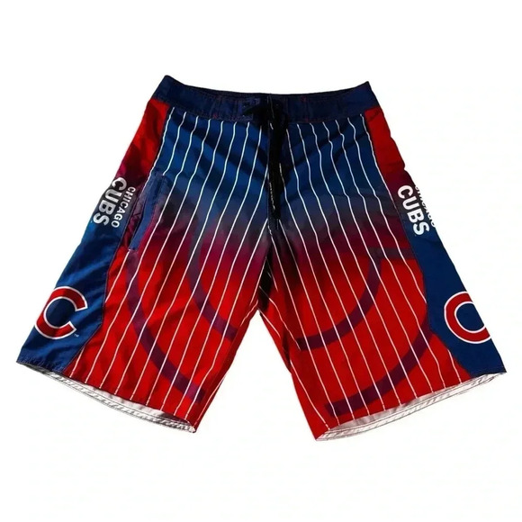 Chicago Cubs MLB Board Shorts Mens Red Blue Striped Size 32 Zip Pocket - Picture 1 of 15